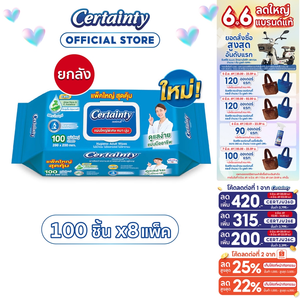 [ขายยกลัง] Certainty Wipe เซอร์เทนตี้ผ้าทำความสะอาดผิวสำหรับผู้ใหญ่ 100 แผ่น X 8แพ็ค