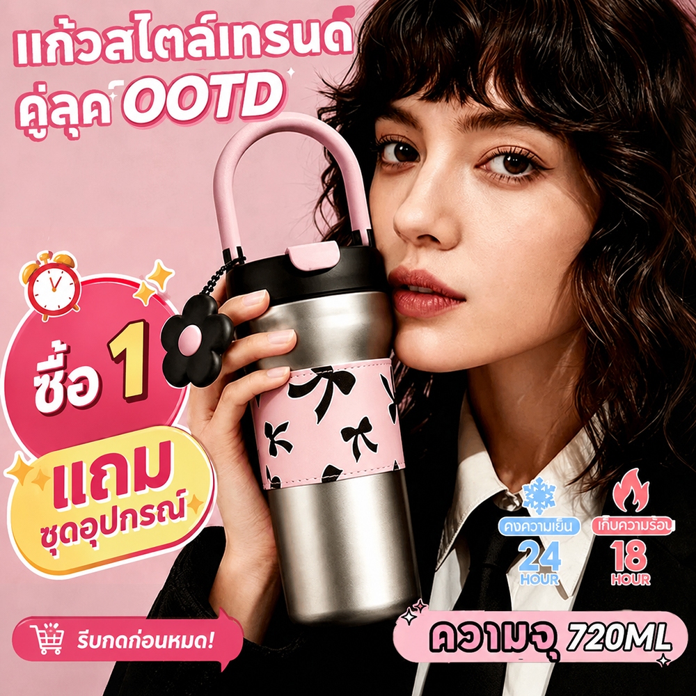 [2 in 1 หลอดดูด ที่อื่นไม่มี] แก้วน้ำเก็บความเย็น 720ML❄️เย็น 24h กระติกน้ําร้อน 316 สแตนเลส กระติกเก็บความเย็น น้ําหลอด