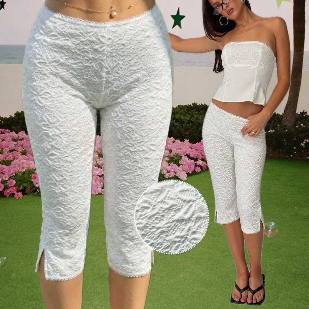 ✶ Wearable ✶ Pants | กางเกงทรงสลิมฟิต สีขาวสะอาด ลายผ้าดอกไม้นูน🤍