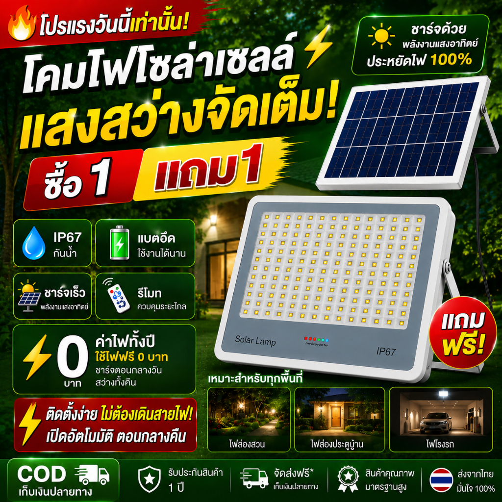 ซื้อ 1 แถม 1 ไฟโซล่าเซลล์ 22000W กันน้ำกันฟ้าผ่า IP67 โซลาร์เซลล์ Solar Light เซ็นเซอร์ พร้อมรีโ LED