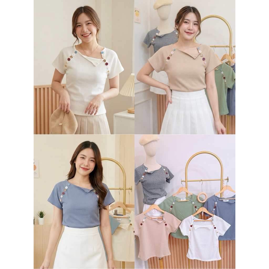 เสื้อยืดคอกลม ถักไหมพรม แต่งกระดุมแกะใช้งานได้จริง กระดุมสลับสีเก๋กู๊ดมากก💫