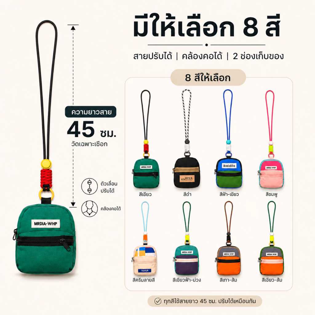 กระเป๋าจิ๋วคล้องคอ ใส่มินิเหรียญ กุญแจ หูฟัง ลิปสติก สายยาวปรับได้ thumbnail 5