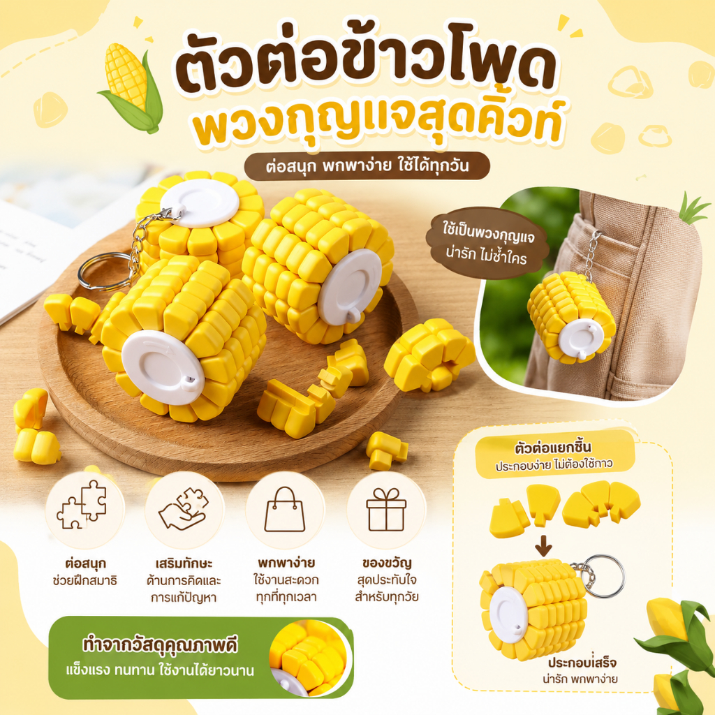 บล็อคตัวต่อ ข้าวโพด DIY CORN ตัวต่อ มีไฟในตัว พร้อมตัวห้อย พวงกุญแจ สำหรับประดับสิ่งของต่างๆ หรือตกแต่ง