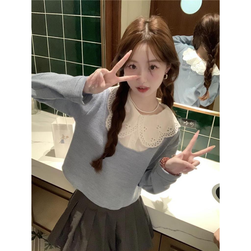 LINNA~ลูกไม้ คอกลม เวอร์ชั่นเกาหลี แขนยาว เสื้อเชิ้ต