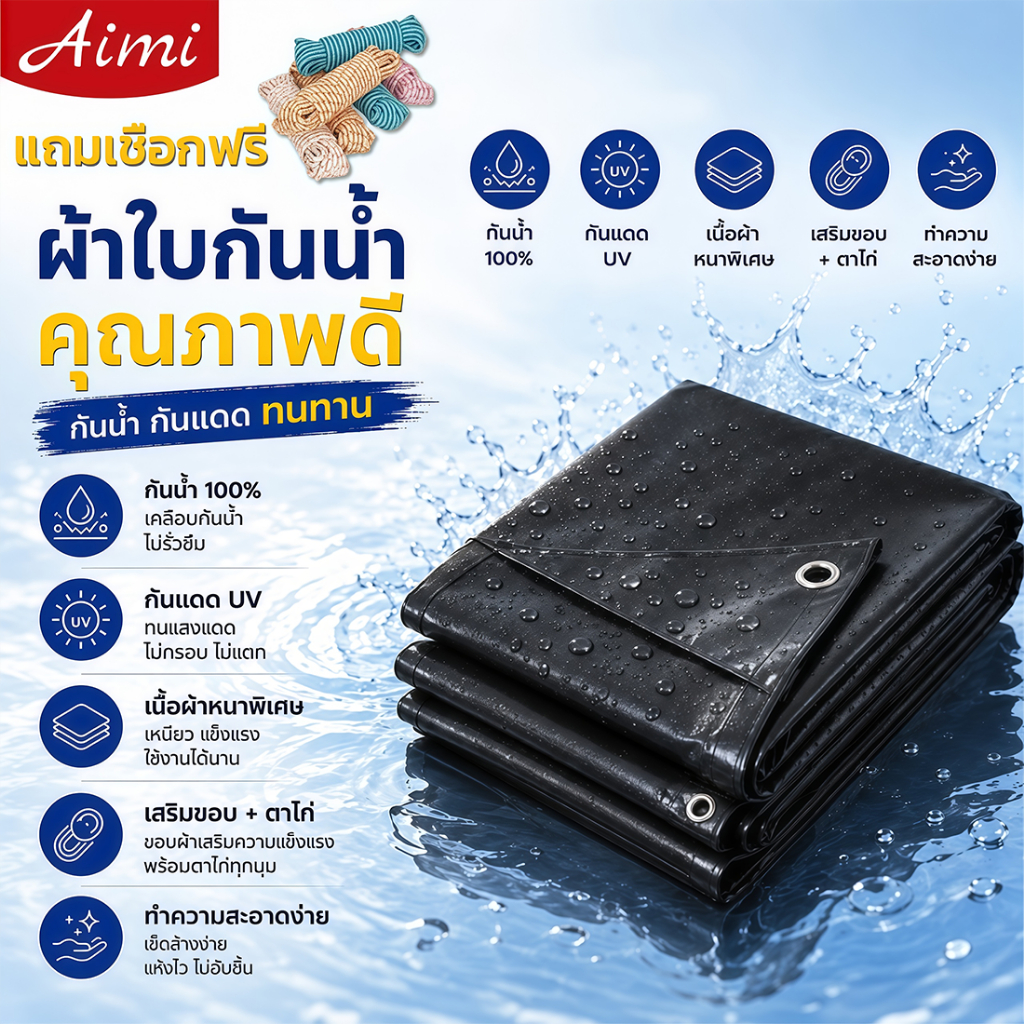 Aimi ผ้าใบกันน้ำสีดำ กันฝน กันแดด UV ทนทาน หนาพิเศษ ใช้งานกลางแจ้งได้ทุกสภาพอากาศ
