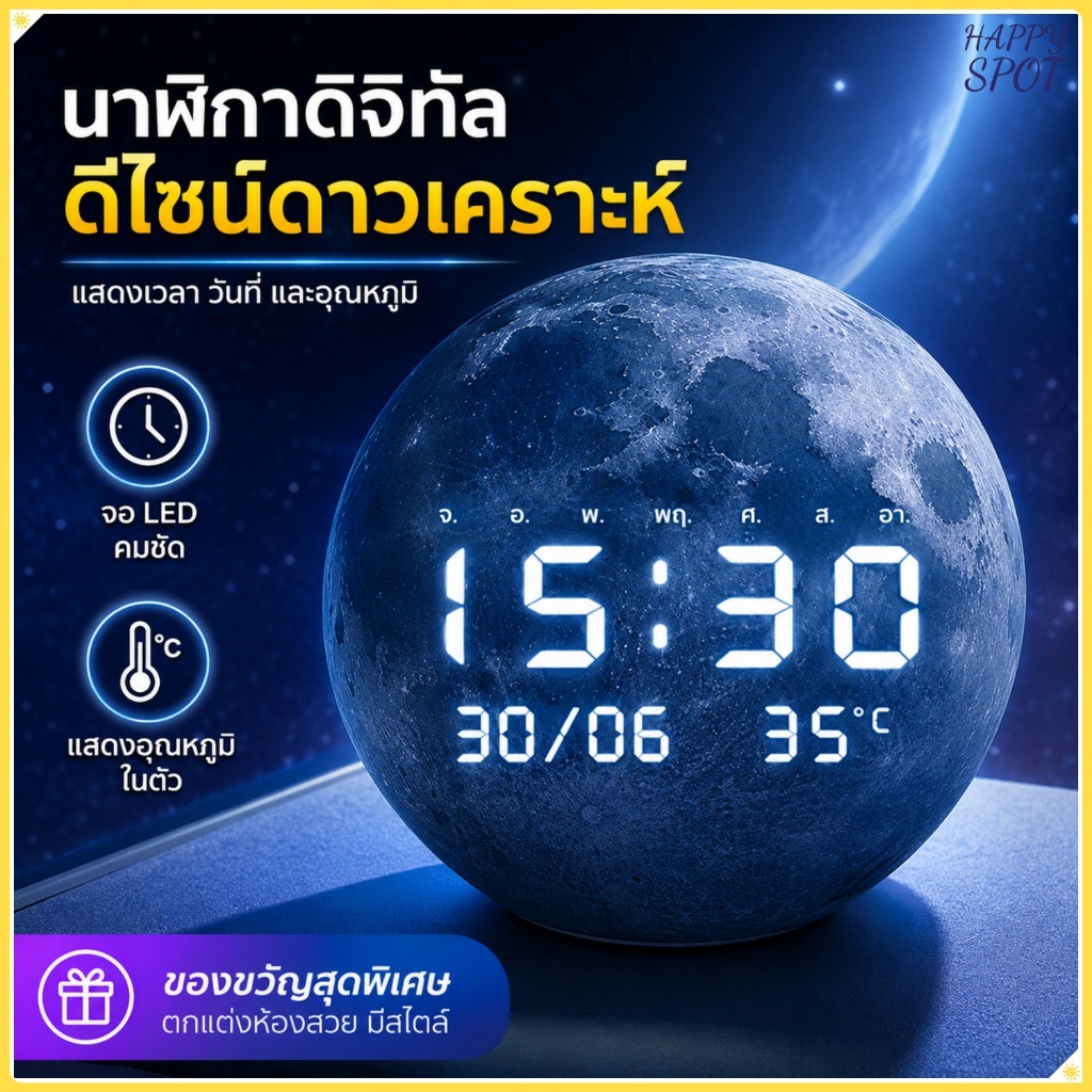 นาฬิกาอิเล็กทรอนิกส์ LED ลายดาวเคราะห์ สไตล์เรียบหรู ติดผนังห้องนั่งเล่น ดีไซน์สวยทันสมัยเรียบง่าย