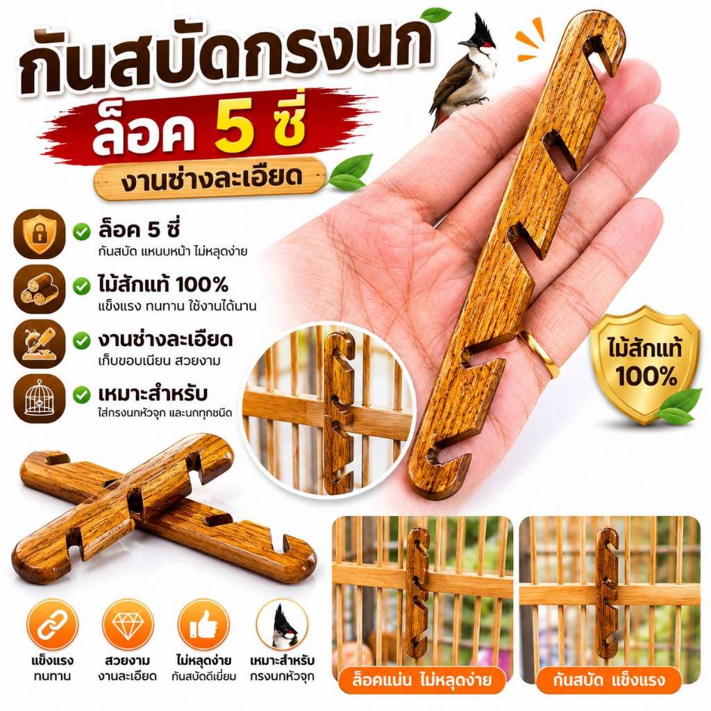 กันสบัดกรงนกหัวจุก ล็อค5ซี่ ไม้สัก เหมาะกับกรงนกหัวจุก