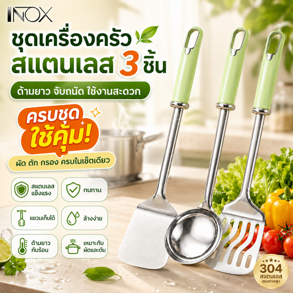 ตะหลิว ทัพพีซุป ตะหลิวทอด ชุดเครื่องครัวสแตนเลส วัสดุสแตนเลสหนา ด้ามจับมนโค้ง ทนทาน