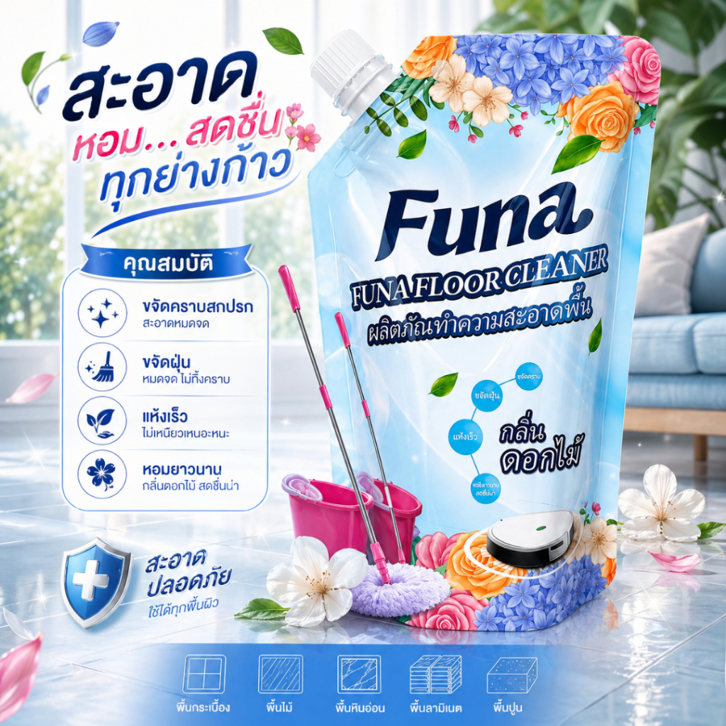 Funa น้ำยาถูพื้น กลิ่นหอมสดชื่น แห้งเร็ว ไม่เหนียวเหนอะหนะ ให้พื้นสะอาด แห้งสนิททันทีหลังถู พร้อมเพิ่มความสดชื่นให้บ้าน