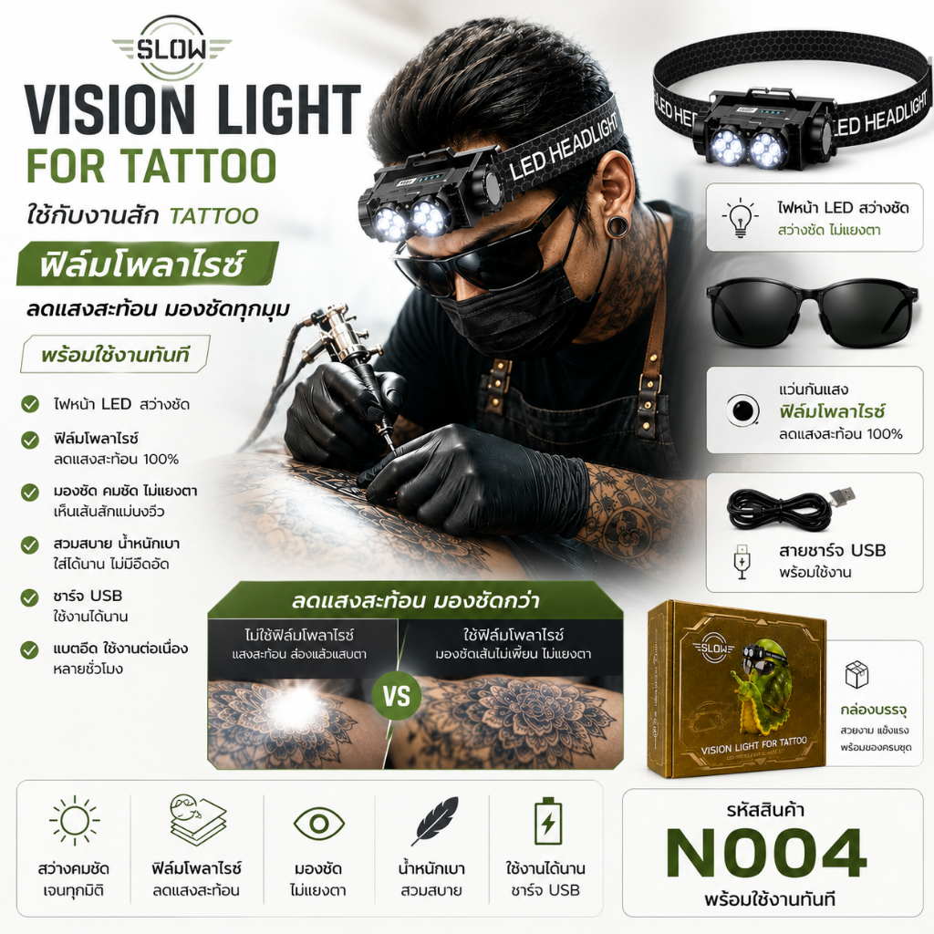 ไฟคาดหัวพร้อมแว่นตัดแสง VISION LIGHT FOR TATTOO HEADLAMP+GLASSES By SLOW