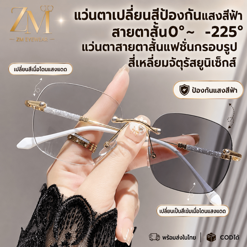 ✨TH✨แว่นตาเปลี่ยนสีป้องกันแสงสีฟ้าสายตาสั้น0°~-225°แว่นตาสายตาสั้นแฟชั่นกรอบรูปสี่เหลี่ยมจัตุรัสยูนิเซ็กส์ BS1137-1