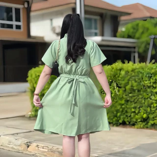 S222เดรสคอเหลี่ยมแต่งกุหลาบ ด้านหลังดึงยางสม็อกมีโบว์ผูกเอว 3ไซส์ L XL 2XL รอบอก40-60 ชุดสาวอวบใส่ออกงาน