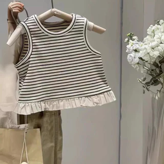 [Namsaii kids]i-010🔥พร้อมส่ง🔥ชุดเซท2ชิ้น ชุดเด็กผู้หญิง เสื้อแขนกุดลายริ้วแต่งระบาย + กางเกงขาพอง สไตล์เกาหลี