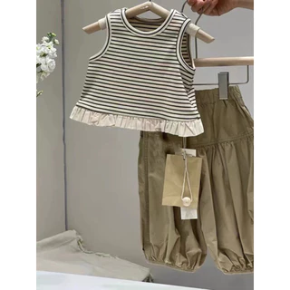 [Namsaii kids]i-010🔥พร้อมส่ง🔥ชุดเซท2ชิ้น ชุดเด็กผู้หญิง เสื้อแขนกุดลายริ้วแต่งระบาย + กางเกงขาพอง สไตล์เกาหลี