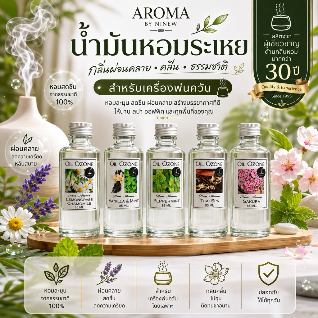 💦 Oil Ozone น้ำหอมอโรม่าสำหรับใส่เครื่องพ่นและเครื่องปั่นฟอกอากาศระบบน้ำวนขวด By Hem Aroma ของแท้!! ใหญ่85ml