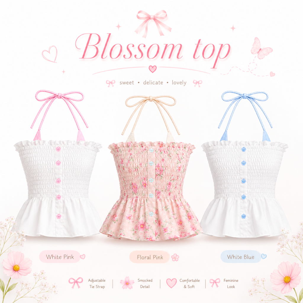 Blossom top : เสื้อเกาะอกสม็อค แต่งสายบิกินี กระดุมดอกไม้ เนื้อผ้าคอตตอน KN.Clothes