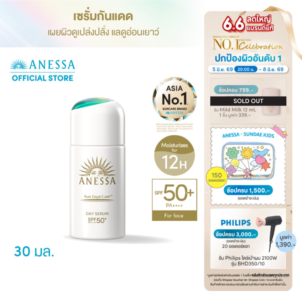 [พิเศษ 6.6 5(2ทุ่ม)-8 มิย 69] ANESSA อเนสซ่า เดย์ เซรั่ม เอ็น เอสพีเอฟ 50+ พีเอ++++ 30 มล.