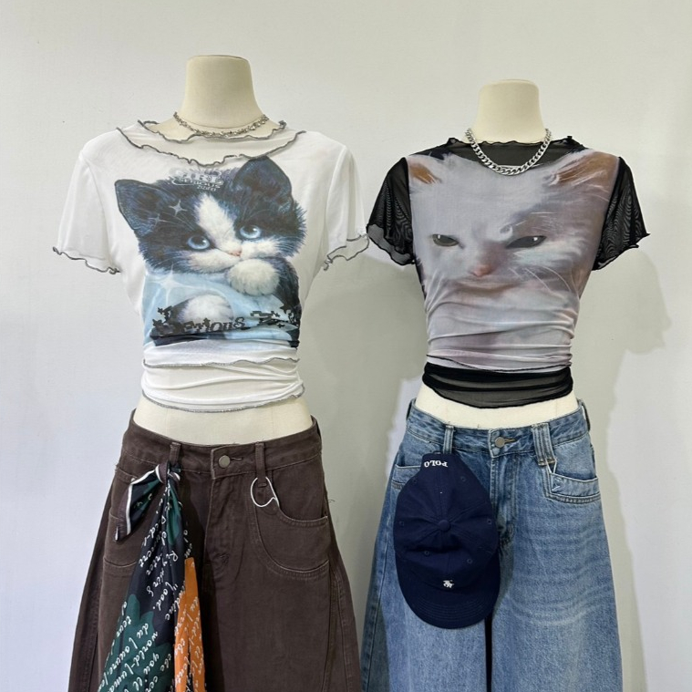 M2140 เสื้อยืดครอปสายแฟ ลายเจ้าเหมียวสุดกวน ทาสแมวต้องมี! เสื้อครอปซีทรูพิมพ์ลายแมวสุดชิค