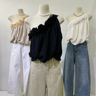 M2135 เสื้อไหล่เดี่ยวแต่งระบาย Floral Ruffle ปลายจั๊มสุดคิ้วท์