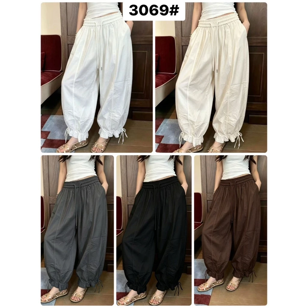 3069 #กางเกงผ้าคอตตอน แต่งระบาย 2 ชั้นที่ชาย เอวยางยืด
