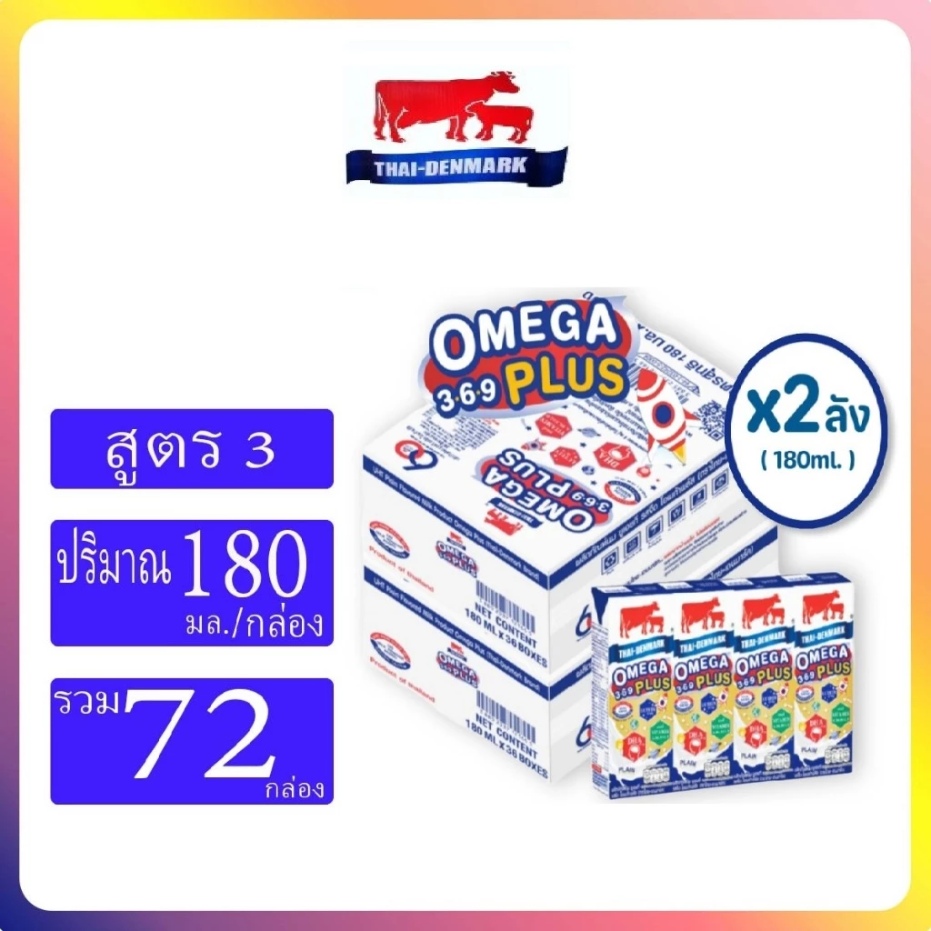UHT ยูเอชที นมวัวแดงไทยเดนมาร์ค รสจืดโอเมก้าพลัส180มล. ยกลัง #FS
