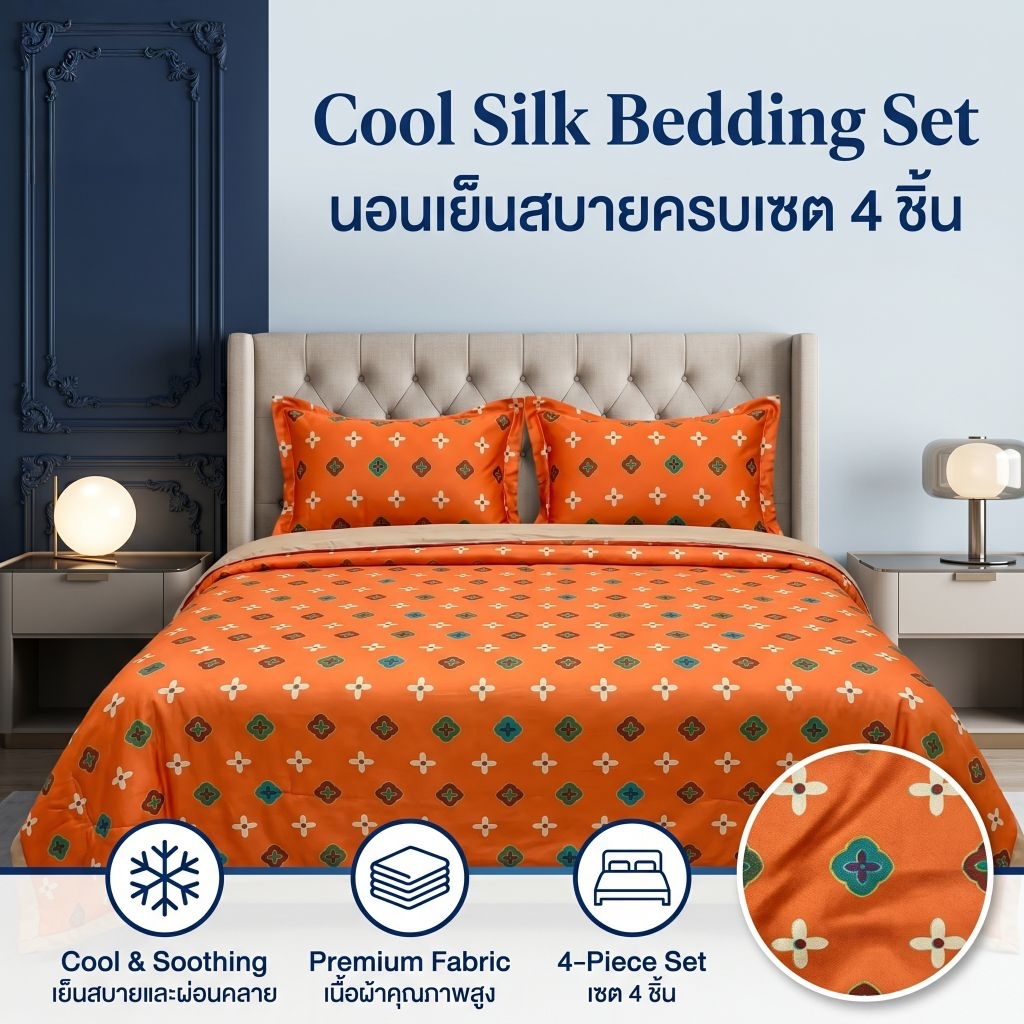 ผ้าห่มใยไหมเย็นชุด4ชิ้น ผ้าห่ม200x230 1พืน ปลอกหมอน 2ใบ ผ้าปู 1 ชิ้น ห่มเย็นสบาย ป้องกันไร่ฝุ่น ระบายอากาศ