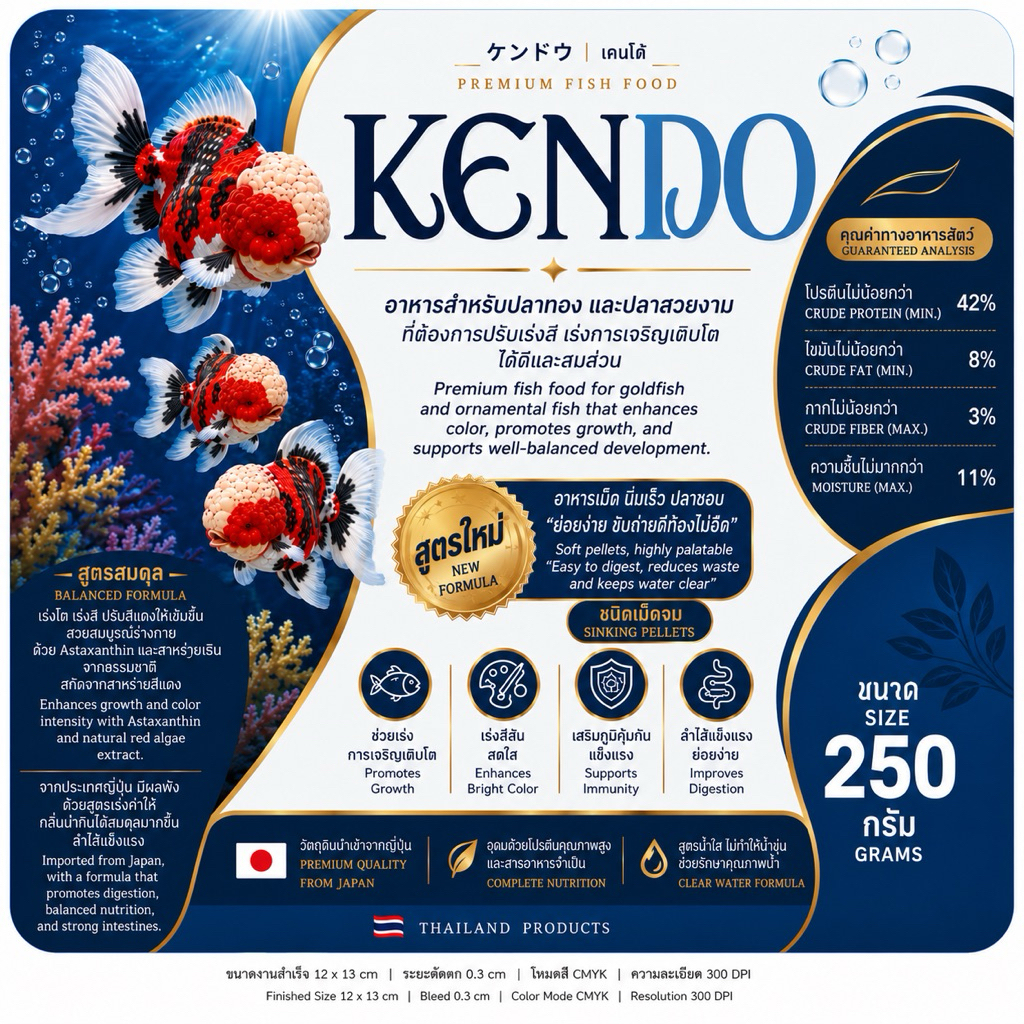 KENDO อาหารปลาทอง รันชู ออรันดา อาหารปลาสวยงาม สูตรจม เร่งสี เร่งโต โปรตีน42% 250กรัม