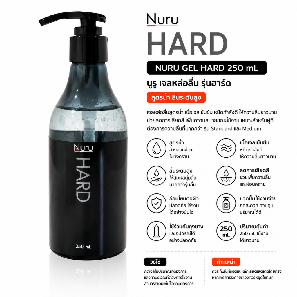 Nuru Gel Hard 250 mL. นูรุ เจลหล่อลื่น รุ่น ฮาร์ด สูตรแห้งช้ามาก สูตรน้ำ ขนาด 250มล.
