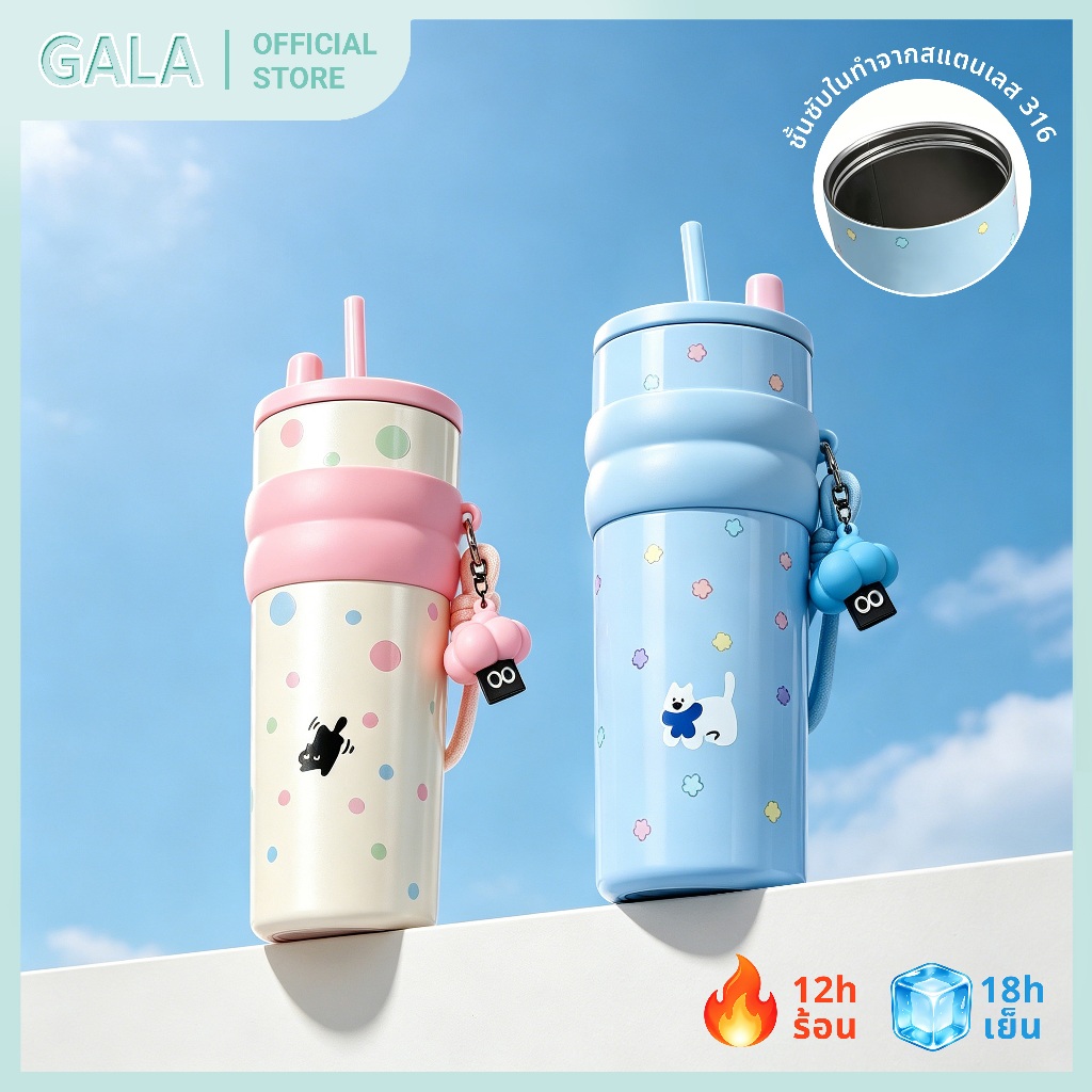 แก้วกาแฟสแตนเลสสตีลพร้อมฝาปิด กระติกสุญญากาศเซรามิคไลเนอร์ ซีรี่ส์ลายจุดพอลกาดอต