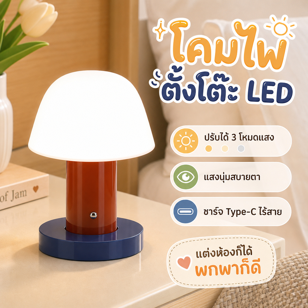 โคมไฟตั้งโต๊ะ LED ไร้สาย สไตล์มินิมอล ชาร์จ USB 3 สี ปรับแสงได้ ระบบสัมผัส สำหรับหัวเตียง ห้องนอน ห้องนั่งเล่น