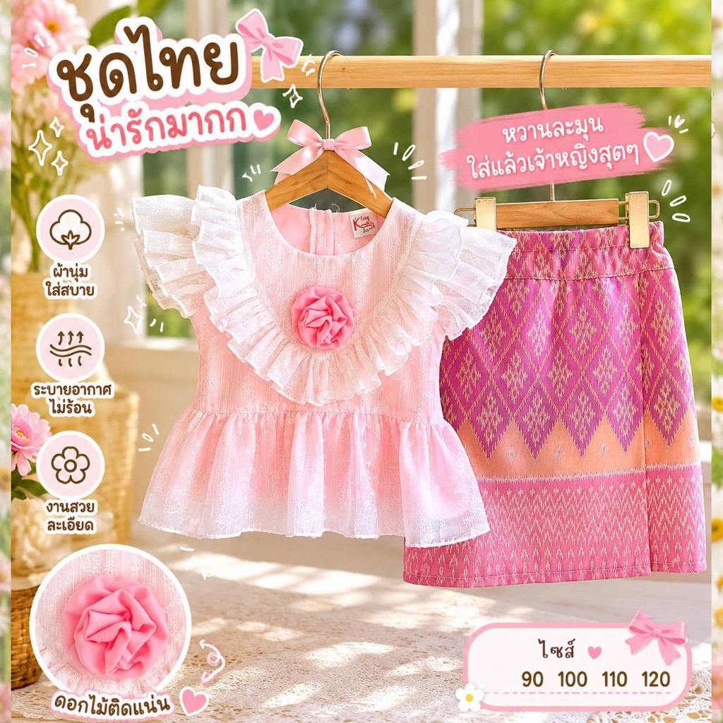 🌸ชุดไทยเด็ก ชุดไทยใส่ไปโรงเรียน (ส่งจากหาดใหญ่) ชุดผ้าไทย ละมุน มี2 สี#nid