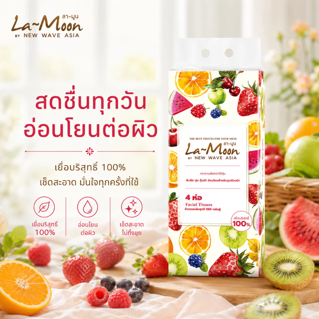 LaMoon กระดาษเช็ดหน้าลามุน ลายผลไม้ รุ่น 230 แผ่นคู่ ( 4ชิ้น )
