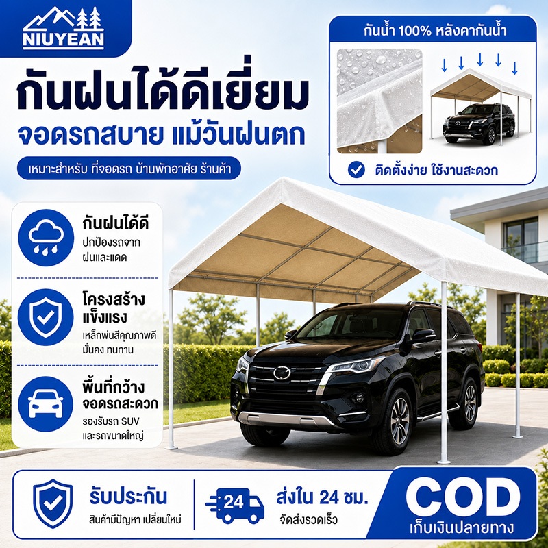 NIUYEAN เต็นท์จอดรถกลางแจ้ง กันแดด กันฝน ขนาดใหญ่ โครงเหล็กแข็งแรง ทนลม เต็นท์อเนกประสงค์ สำหรับบ้าน แคมป์ปิ้ง งานเลี้ยง