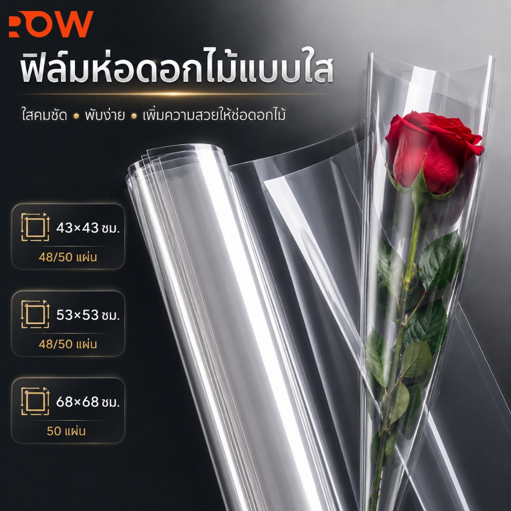 แผ่นพลาสติกใสห่อช่อดอกไม้ ฟิล์มใสกันน้ำ เงางาม เหมาะสำหรับจัดดอกไม้