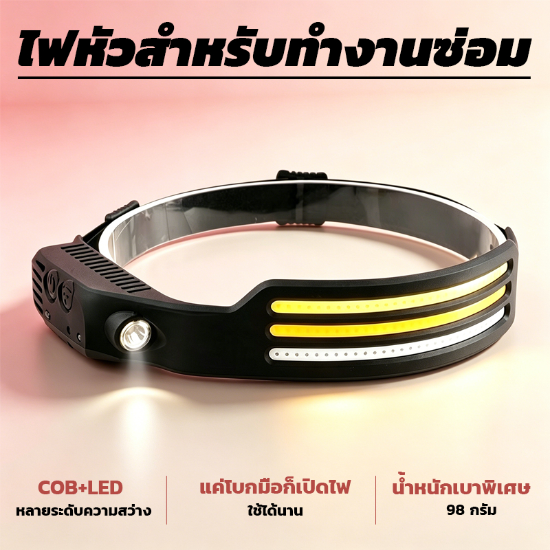 【พร้อมส่ง】ไฟฉายคาดหัว พร้อมเซ็นเซอร์โบกมือ เปิด-ปิดง่าย เบาสุด 98g ไม่ต้องสัมผัส เหมาะสำหรับใช้งานกลางแจ้งและซ่อมบำรุง