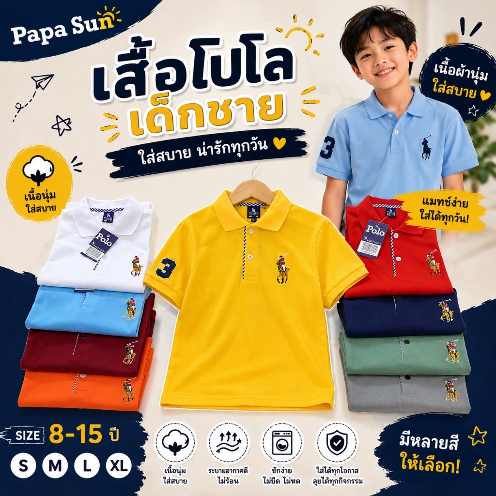เสื้อโปโลเด็กโตคอปก(ชุด2) ไม่หนาไม่บางกำลังดีใส่สบายค่ะ