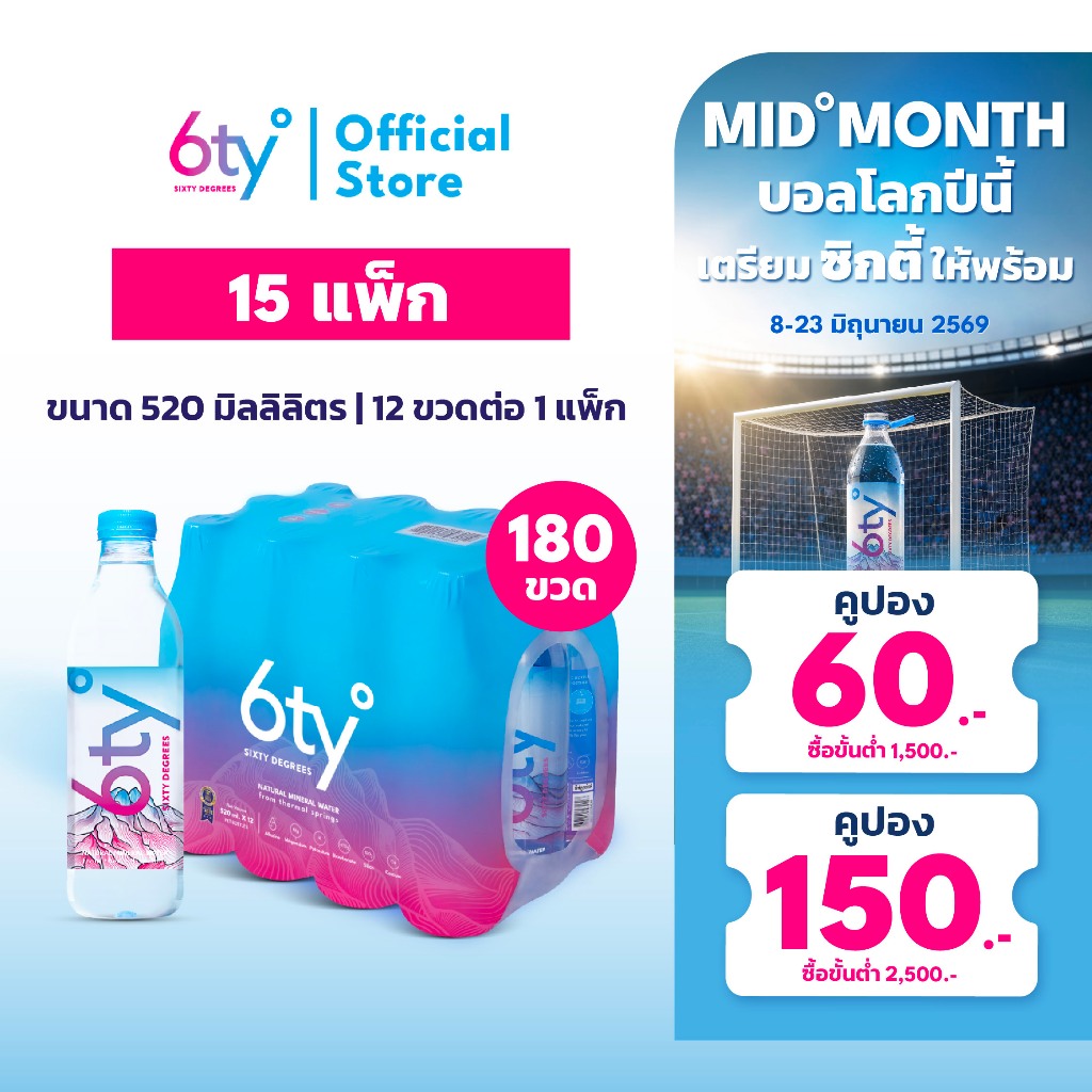 [ส่งฟรี] 520ml 15 แพ็ก 180 ขวด นํ้าแร่ 6ty Degrees Mineral Water น้ำแร่ธรรมชาติ 100% จากแหล่งน้ำแร่เชียงดาว