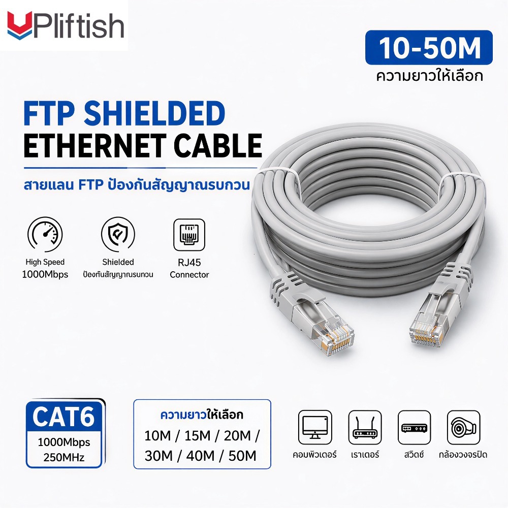 Upliftish สายอีเธอร์เน็ต Cat6 สาย Lan FTP Cat 6 สายแพทช์เครือข่าย 10 /15 /20 /30 /40 /50M สําหรับแล็ปท็อป