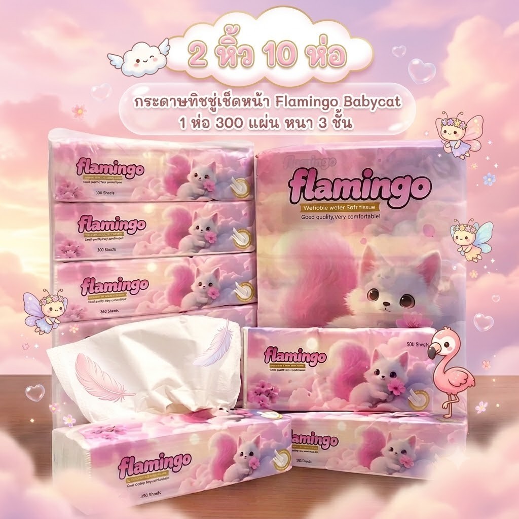 กระดาษทิชชู่เช็ดหน้าflamingo Babycat 1ห่อ300แผ่น หนา3ชั้น ห่อยาว ขนาดแผ่น200mmX170mm