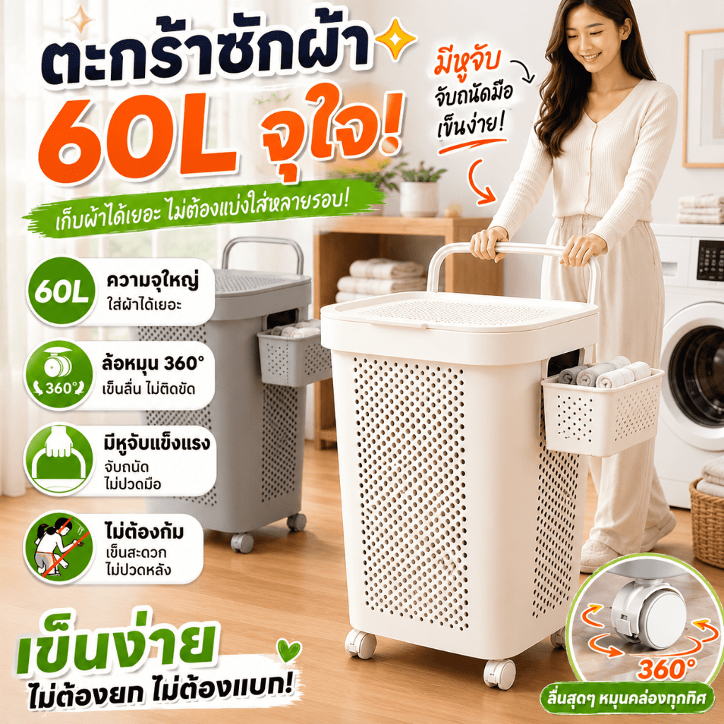 【2026 New】ตะกร้าผ้า 60L ทรงสูงจุเยอะ ไม่ต้องก้มเก็บผ้า มีหูจับ มีล้อเข็น ลากง่าย ประหยัดแรง