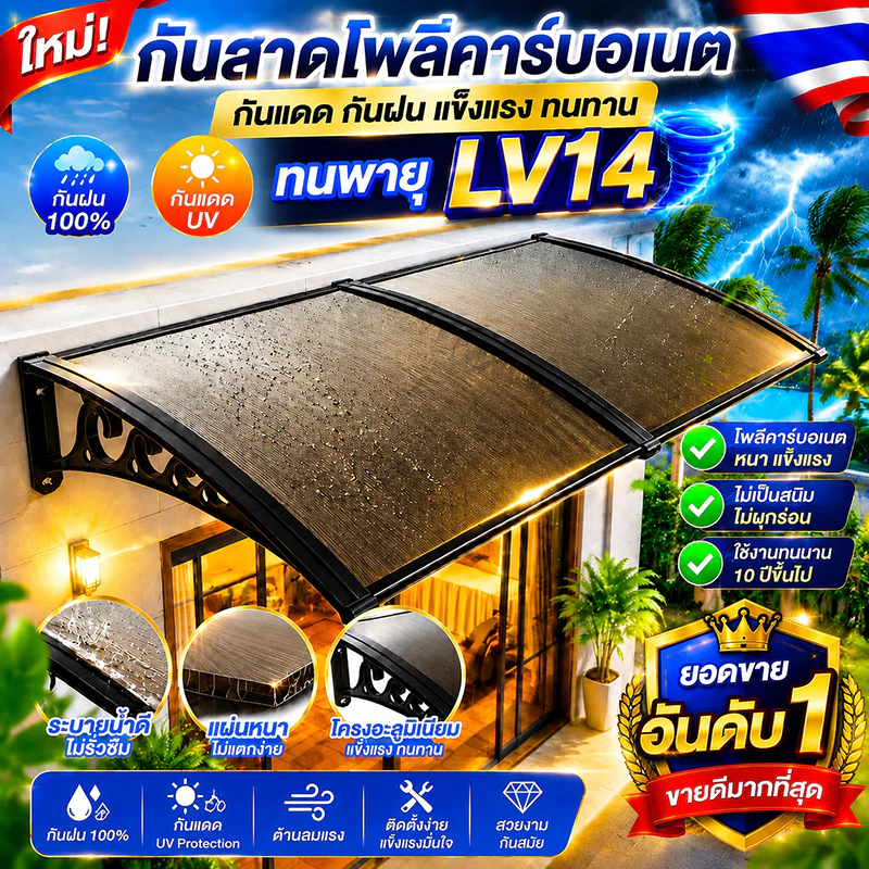 lucky home ระดับความต้านทานลม 14 กันสาด 60*100/100*150ซม สำหรับกันแดดและกันฝน ติดตั้งง่าย กันสาดบังแดดฝน
