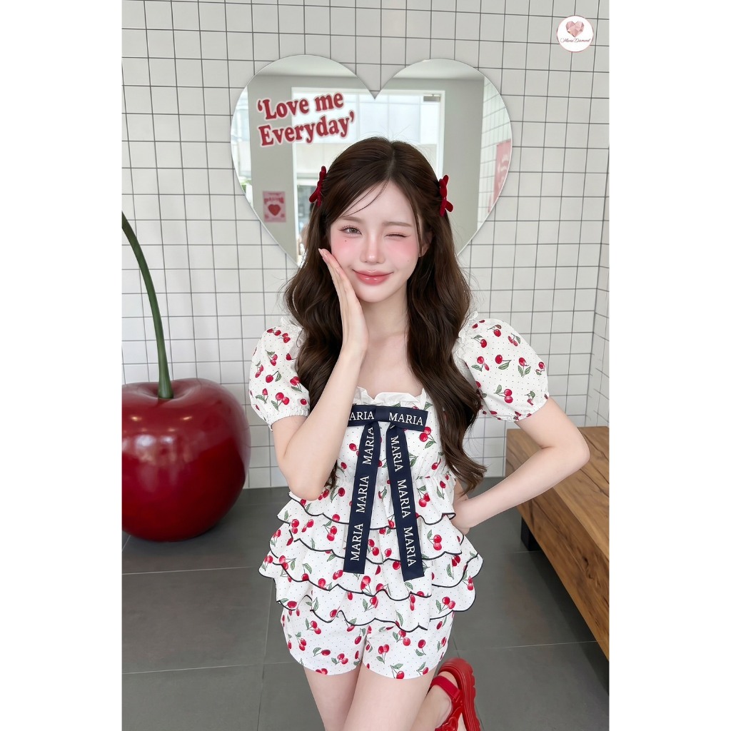 (มี3XL) Maria Diamond สีครีม Cherry Everyday Set เซ็ต 2 ชิ้นลายเชอรี่ เสื้อแขนตุ๊กตาแต่งโบว์ + กางเกงขาสั้น ซับในทั้งชุด