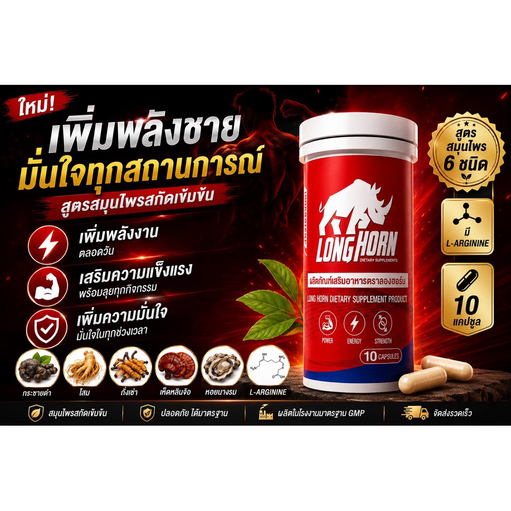 อาหารเสริม LONG HORN สูตรสมุนไพรสกัดเข้มข้น 6 ชนิด | สูตรผู้ชายและผู้หญิง | มี L-Arginine | 10 แคปซูล