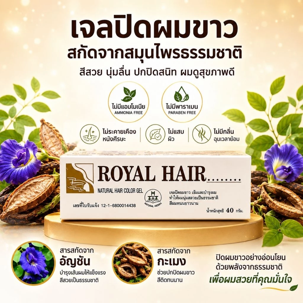 เจลปิดผมขาว ผมหงอก รอแยลแฮร์(สินค้าแท้)Royal Hair (สูตรเก่าดั้งเดิมสีน้ำตาล) สารสกัดสมุนไพร ปลอดภัยต่อหนังศรีษะ