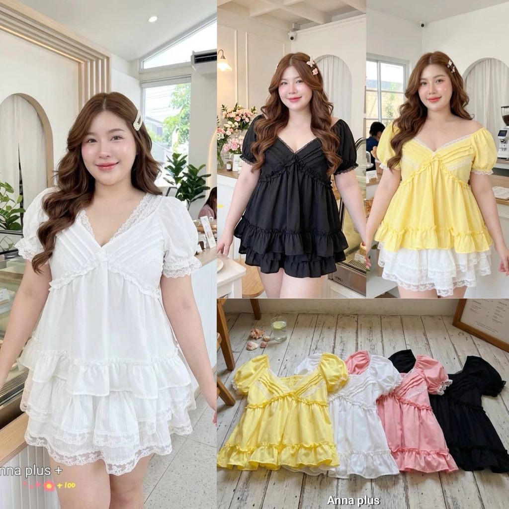 /AN/ เสื้อคอวีแขนตุ๊กตา ไซส์อก42-52 แต่งลูกไม้ระบาย สม็อคหลัง พรางหุ่น น่ารักมาก #สาวอวบอ้วน พลัสไซส์