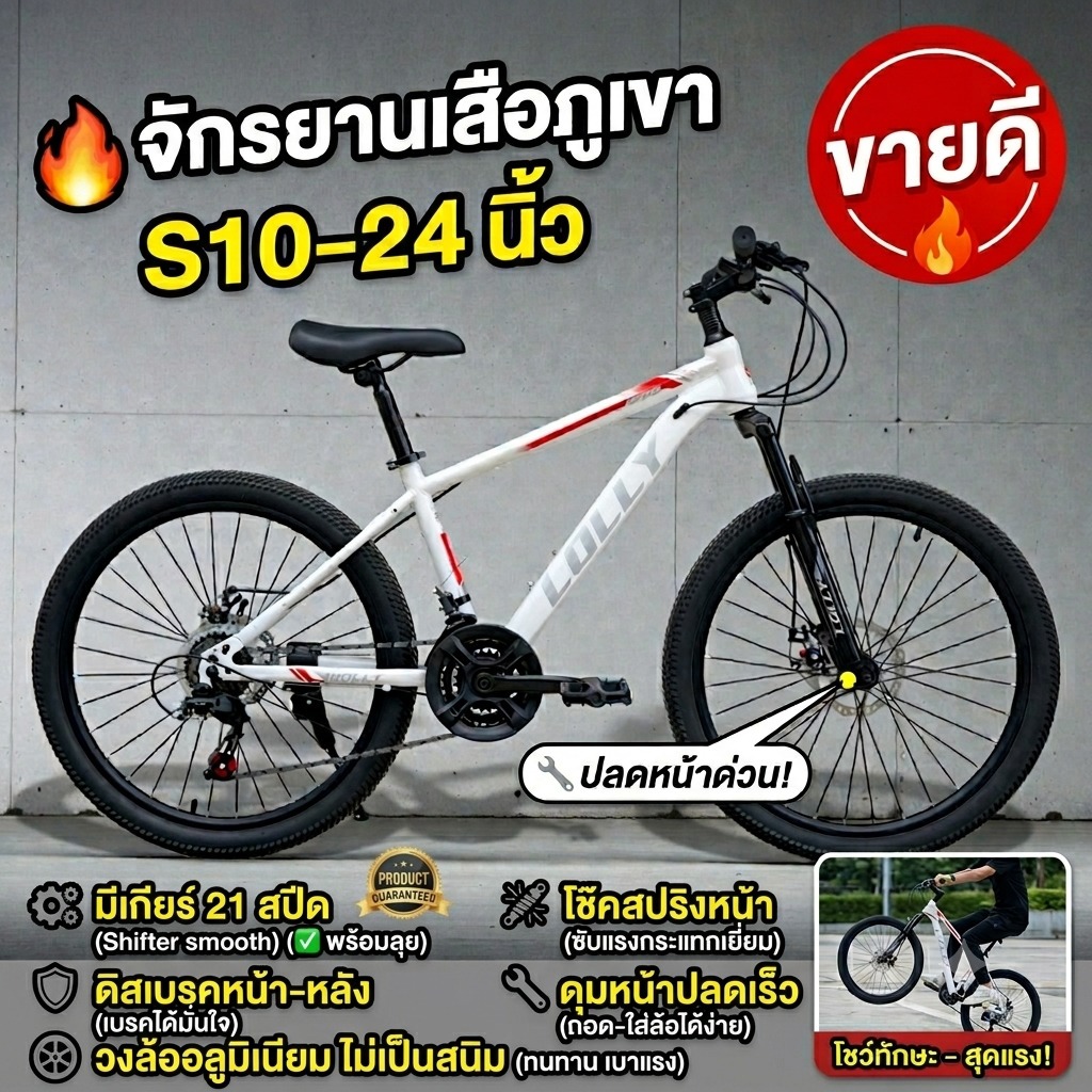 จักรยานS10-24 จักรยานเสือภูเขา จักรยานวงล้อ24นิ้ว จักรยานออกกำลังกาย มีเกียร์21สปีด โช๊ค ดิสเบรค พร้อมลุย ดุมหน้าปลดเร็ว