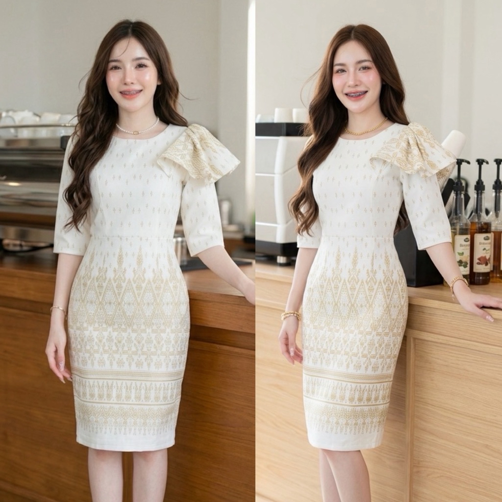 [SRY015]เดรสสีขาวทรงสอบแต่งระบาย