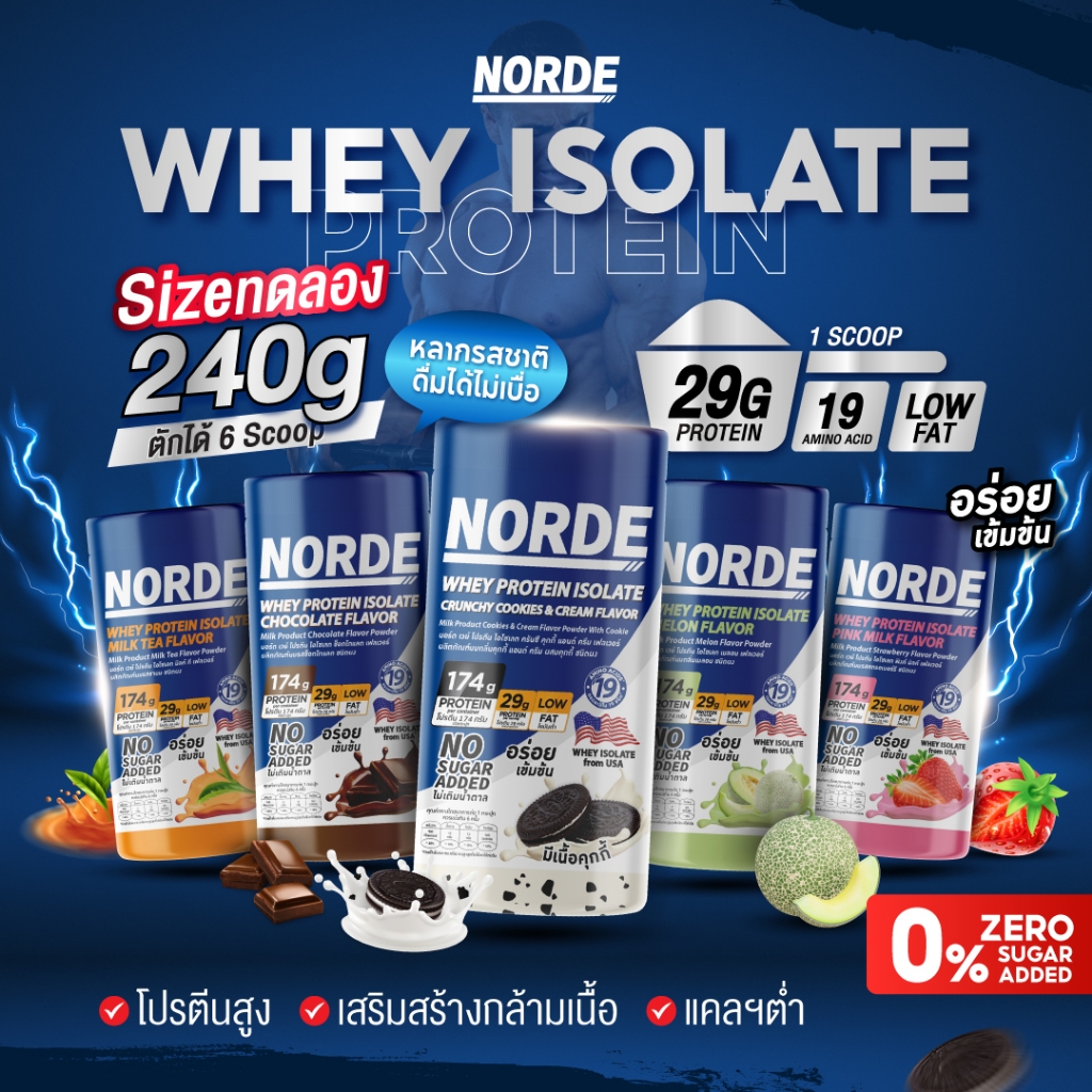 Norde Whey Protein Isolate นอร์ด เวย์โปรตีน ไอโซเลท โปรตีนสูง น้ำตาล 0% 5รสชาติ ปริมาณ 240g