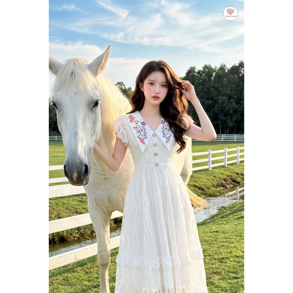 (มี3XL) Maria Diamond สีขาว White Lace Dress เดรสลูกไม้สีขาวเนื้อนิ่ม ปกงานปัก แขนระบายพลางต้นแขน มีซับในทั้งชุด ซิปหลัง