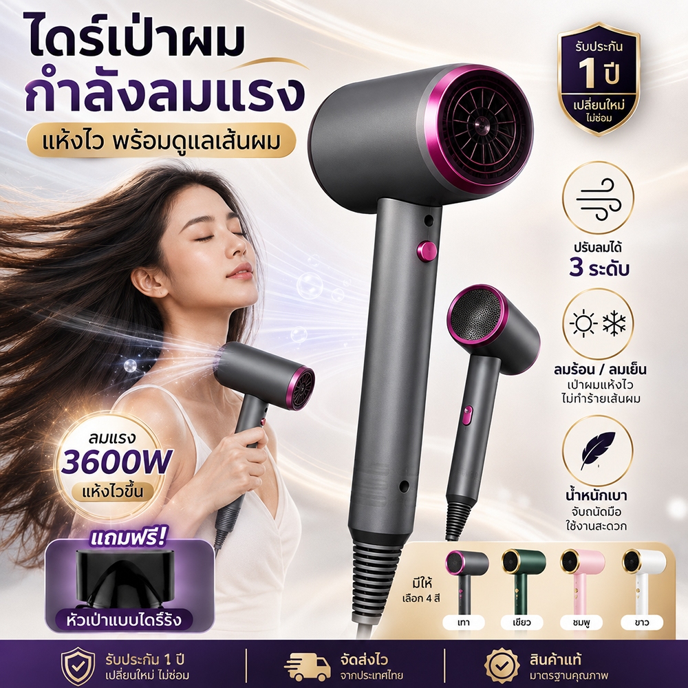💇‍♀️2026 ไดร์เป่าผมไอออนลบ 2600W แห้งเร็ว 19 วิ ปรับ 4 ระดับ ไอแสงน้ำเงินดูแลผม เสียงเงียบ เครื่องเป่าผม hairdryer ส่งฟร